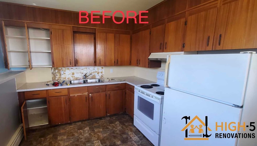 A Charlottetown kitchen before refinishing, original wood doors and a worn backsplash